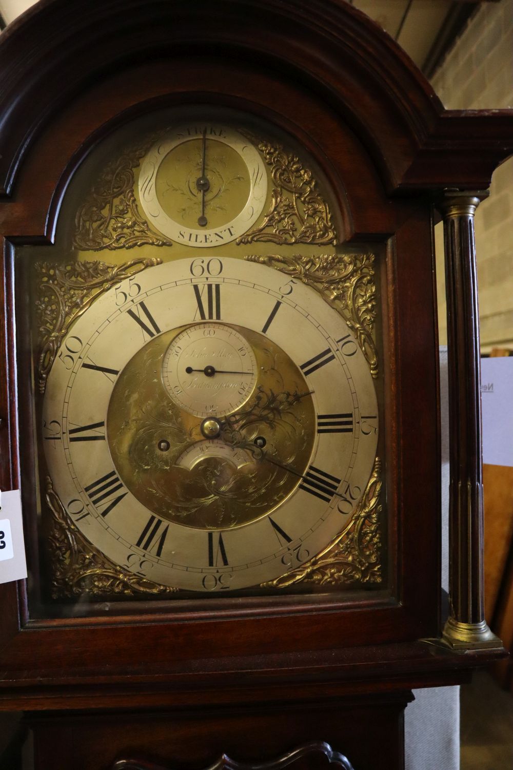 A George III mahogany 8 day longcase clock, brass and silvered dial-marked John May Southampton, height 207cm